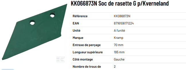 SOL / LABOUR / SEMIS - PIECES USURE CHARRUE - Soc de rasette G p/Kverneland